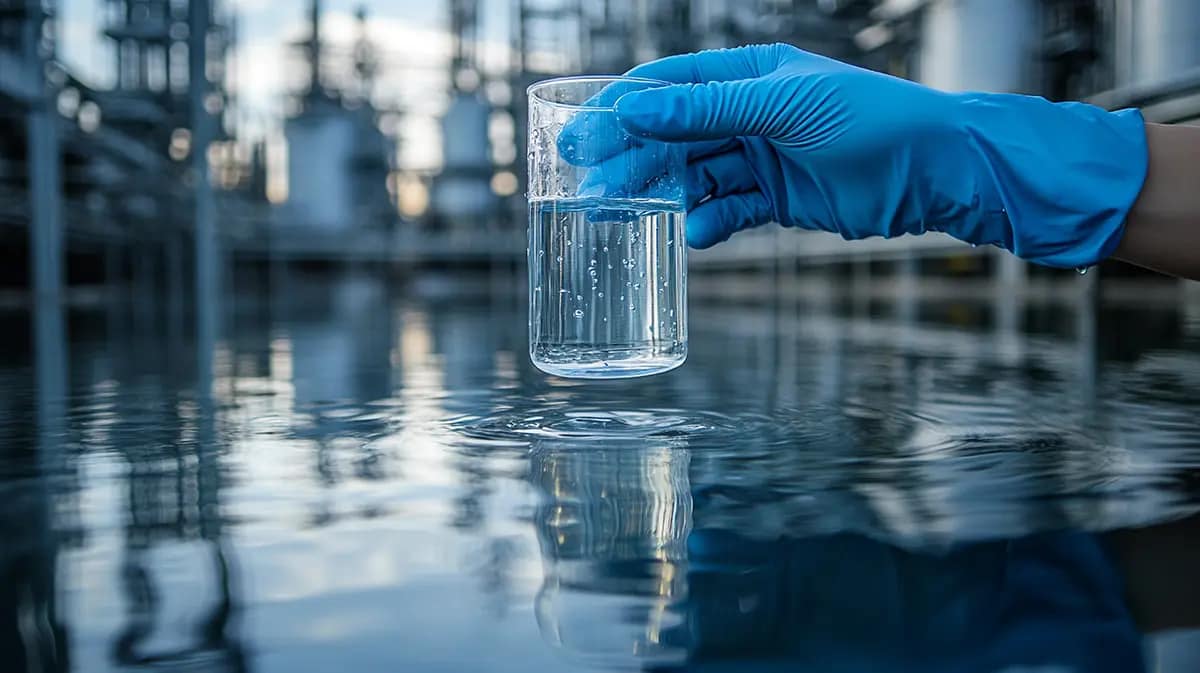 Mano con guanto in lattice blu che raccoglie un campione in provetta per il laboratorio di analisi dell'acqua